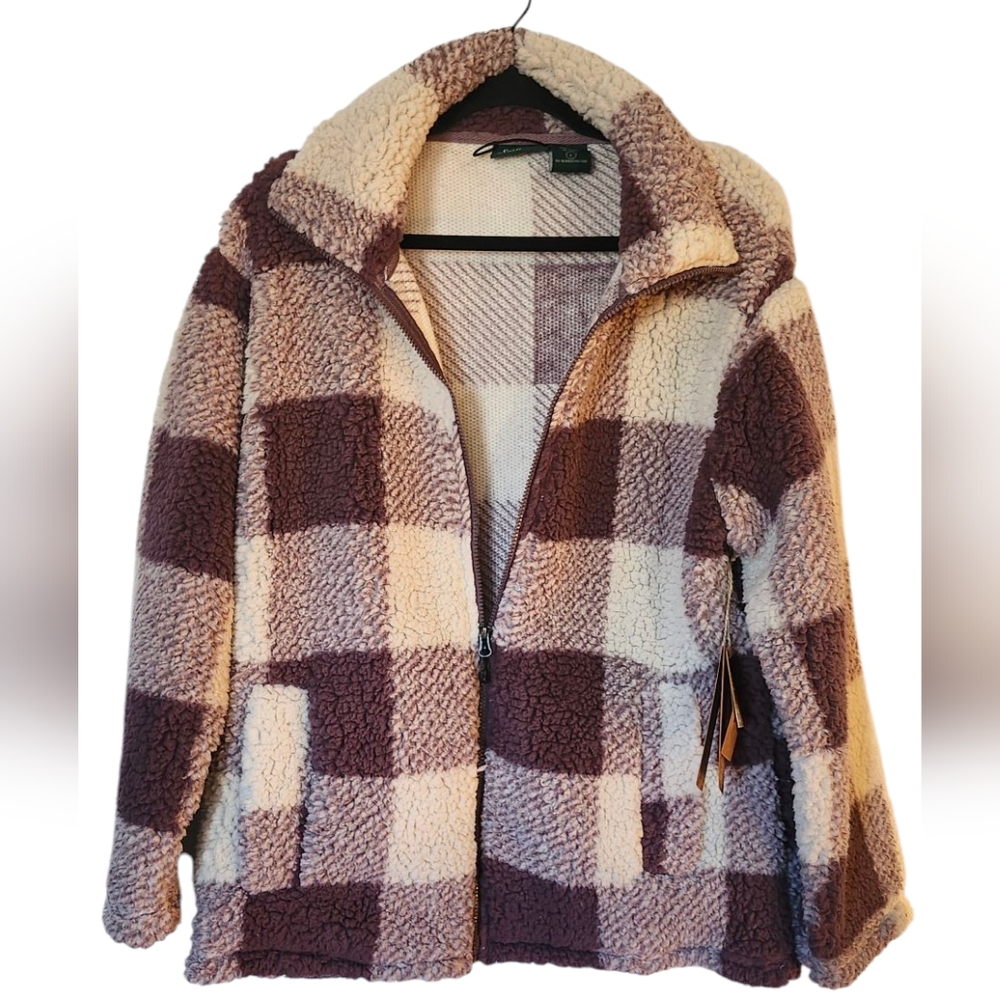 NWT Stillwater Supply Co Purple And Cream Checkered Plaid Sherpa Jacket, Large - Picture 3 of 4